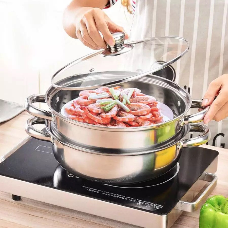 nồi hấp inox 2 tầng, nồi hấp cách thủy đa năng, Nồi hấp 2 tầng 28cm