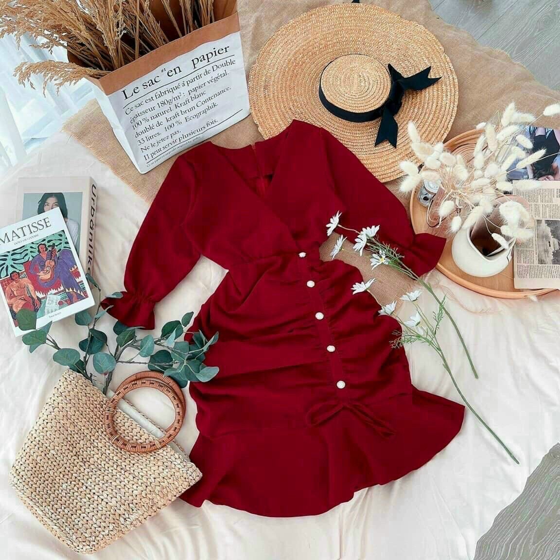 [HCM-CHUYÊN SỈ & LẺ THỜI TRANG] đầm đuôi cá cổ chéo đính nút dễ thương đáng yêu