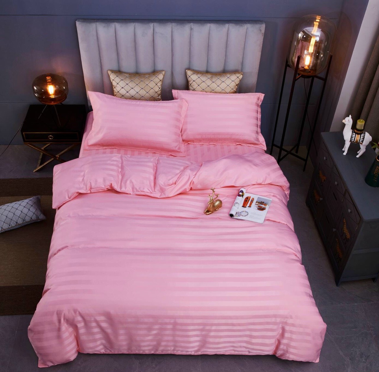 Bộ 4 Món Ga Gối SỌC 3F Vải Cotton Lụa Hàng Chuyên Cho Gia Đình Và Khách Sạn - Hồng Đậm