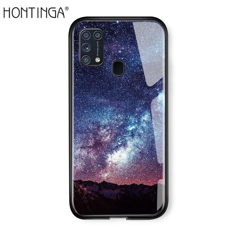 Hontinga For Samsung Galaxy M31 Handphone Case Fantasy Space Luxury Aurora Moon Starry Elk Casingg Shockproof Galaxy Phone Case Tempered Glass Back Cover