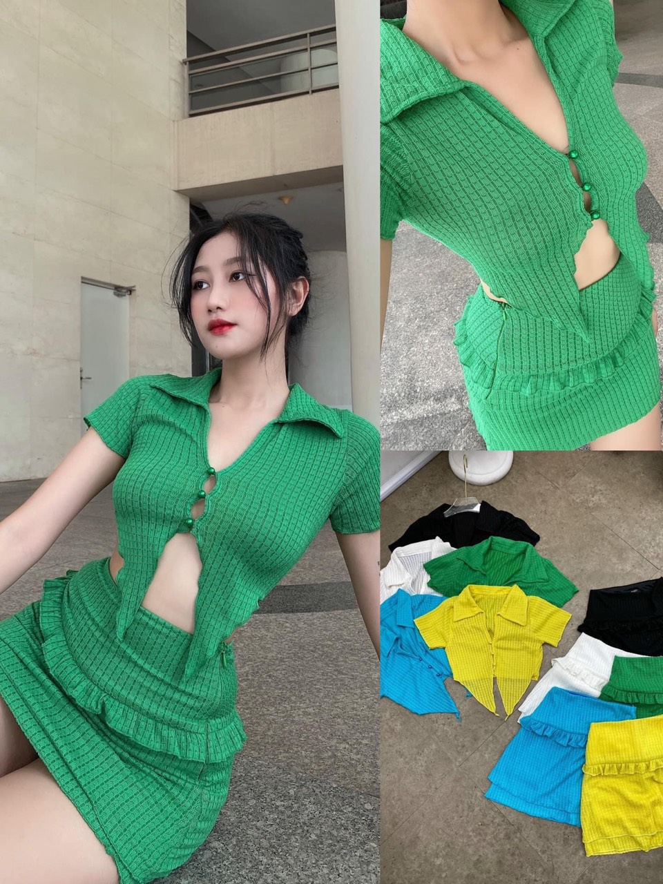 [HCM]sét bộ áo tay ngắn kèm chân váy vãi xương cá  thời trang sang chảnh