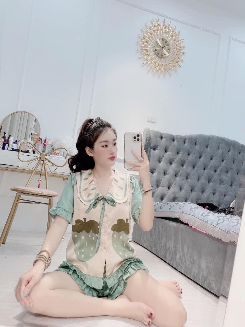 Set bộ mặc nhà, bộ ngủ lụa hình trái cây tiểu thư chất mát.