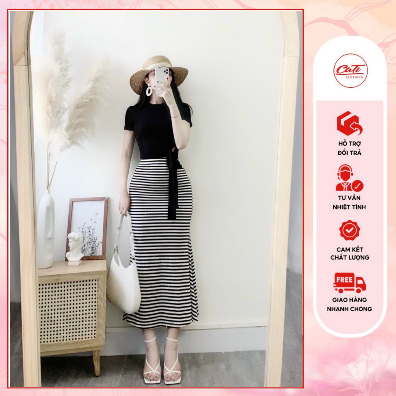 CATI Set bộ body thun chân váy kẻ (2113)