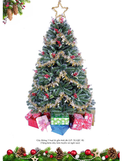 cây thông noel 3 lá gắn trái đỏ 1m2