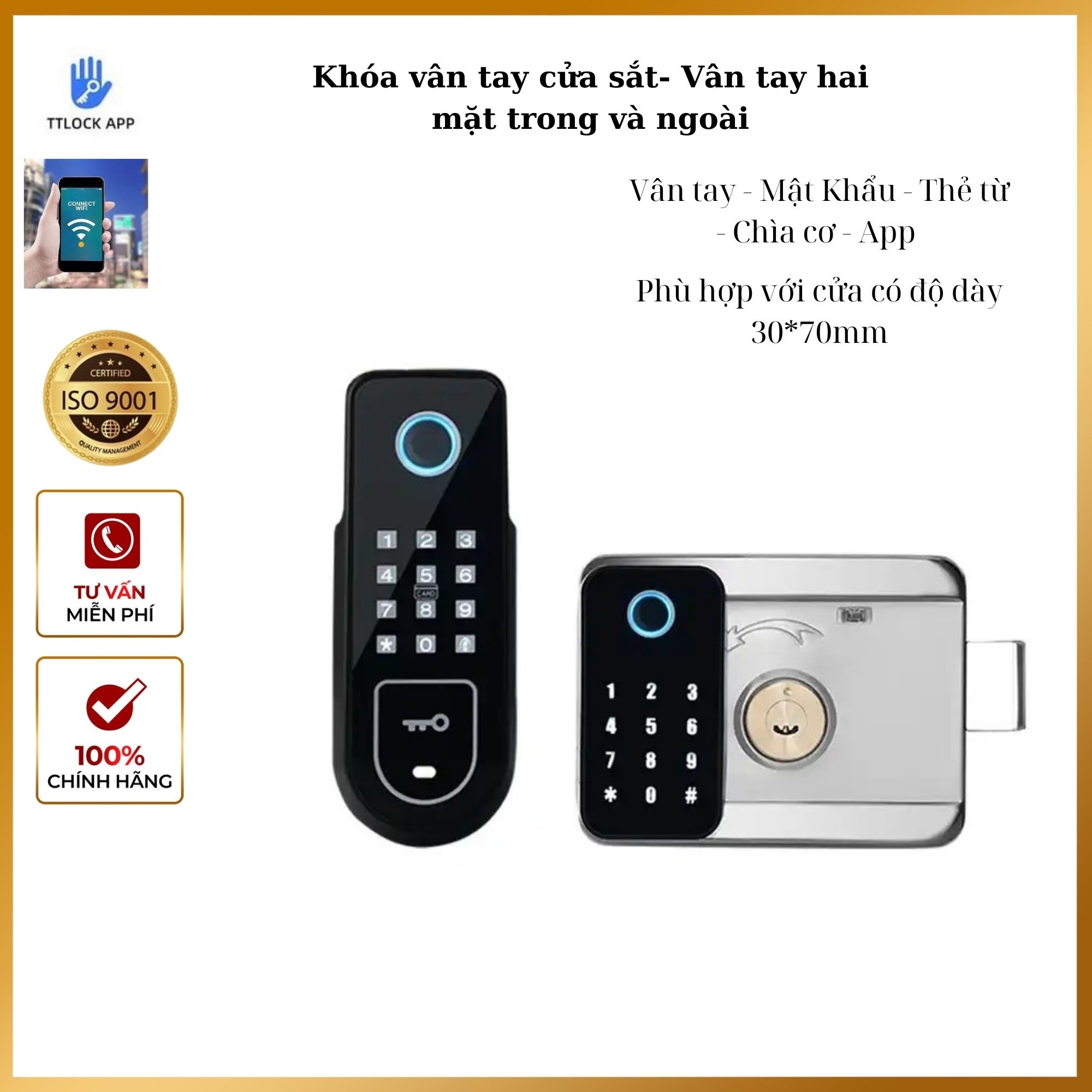 Khóa vây tay cửa sắt khóa vân tay hai mặt thông minh khóa cửa sắt vân tay kép với 5 chức năng mở cửa: Vân tay mật khẩu thẻ từ chìa cơ và app TT Lock phù hợp với cửa sắt, cửa inox, cửa cổng bảo hành 12 tháng