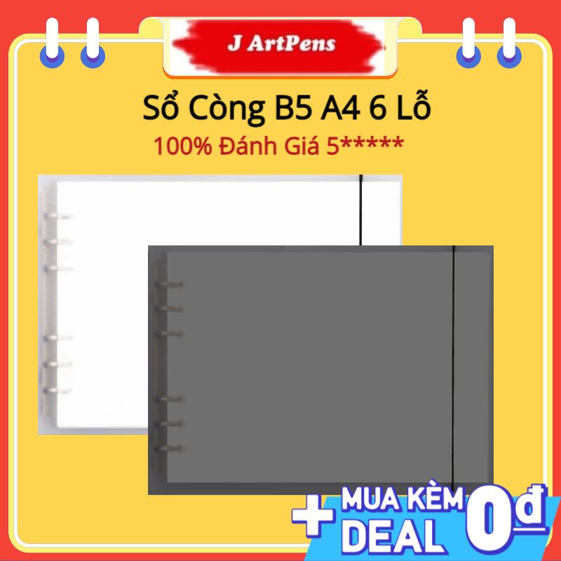 Sổ Còng, Bìa Còng Binder A4 6 Lỗ Bìa Nhựa Cứng Chống Nước Kèm 60 Tờ Giấy (120 Trang) Gird Line Màu Đen, Trắng