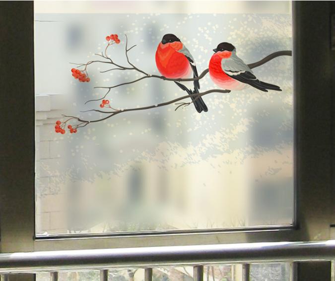 [HCM]Decal Trang Trí Kính Cao Cấp Mẫu Chim đỏ cành cây ( 60cm X 58cm )-DK7063