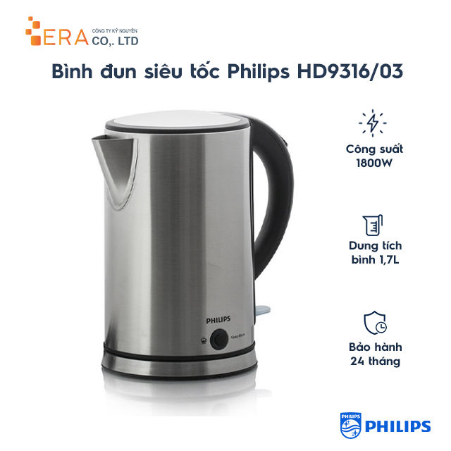 [Voucher 7% Max 800K] Ấm đun nước siêu tốc cao cấp Philips HD9316 1.7l (Bạc) -BH 24 tháng