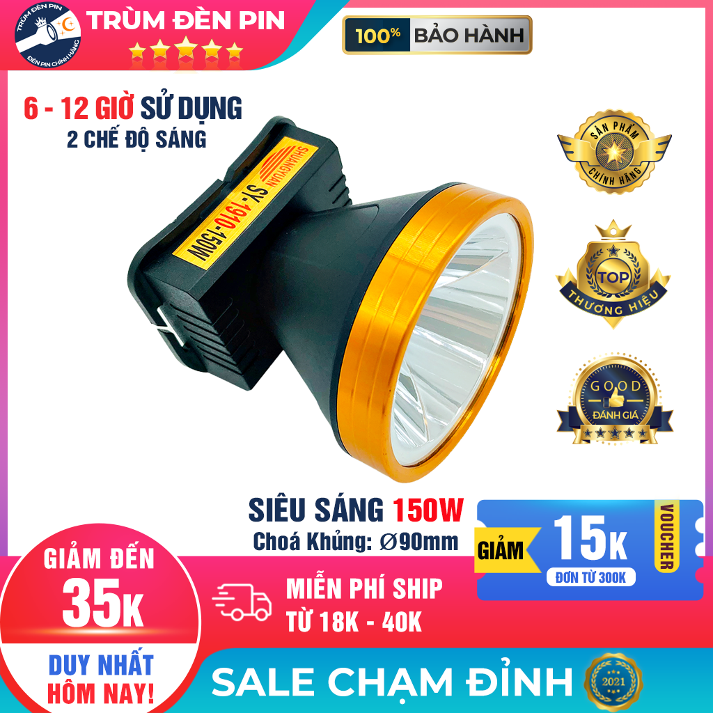 Đèn đeo đầu SHANGYUAN 1910 LED 150W siêu sáng chiếu xa chống nước ánh sáng Vàng và Trắng đèn pin đội đầu soi ếch dã ngoại