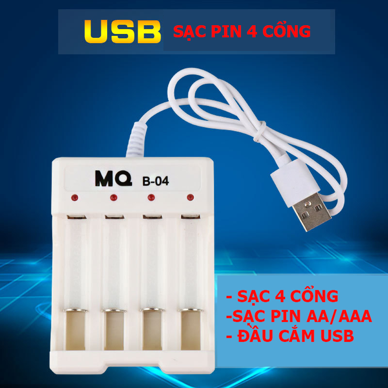 Bộ sạc pin AA/AAA (pin tiểu, pin đũa) 4 cổng, đầu cắm USB - Bmax - MQ B04
