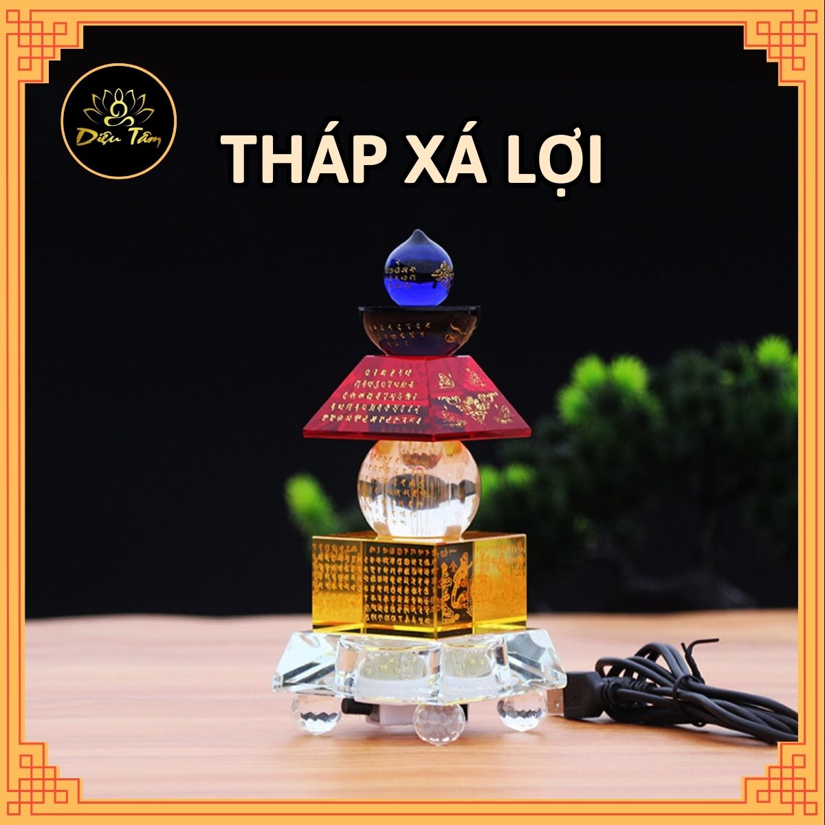 Tháp xá lợi phong thủy và đế đèn led 10cm pha lê cao cấp