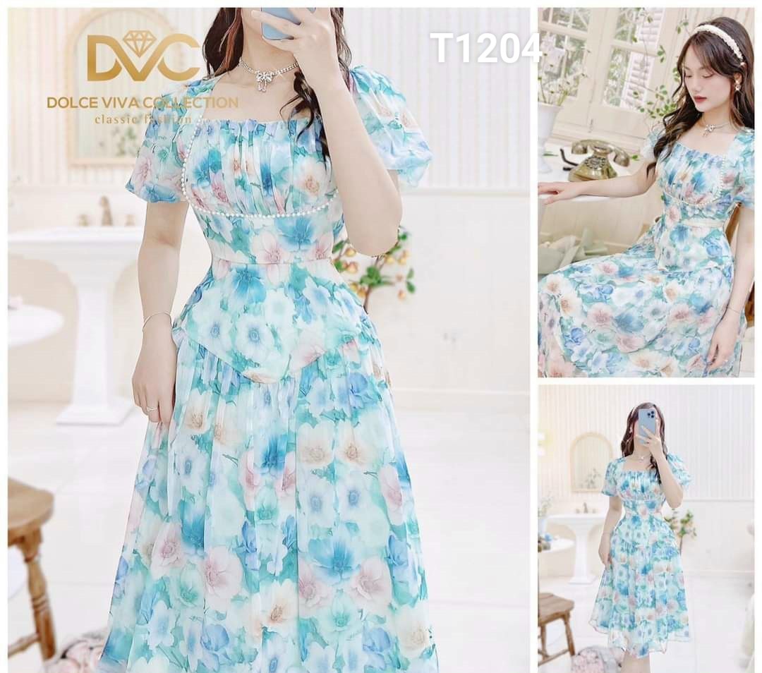Đầm voan hoa viền cườm có lót màu y hình voan hoa cao cấp T1204