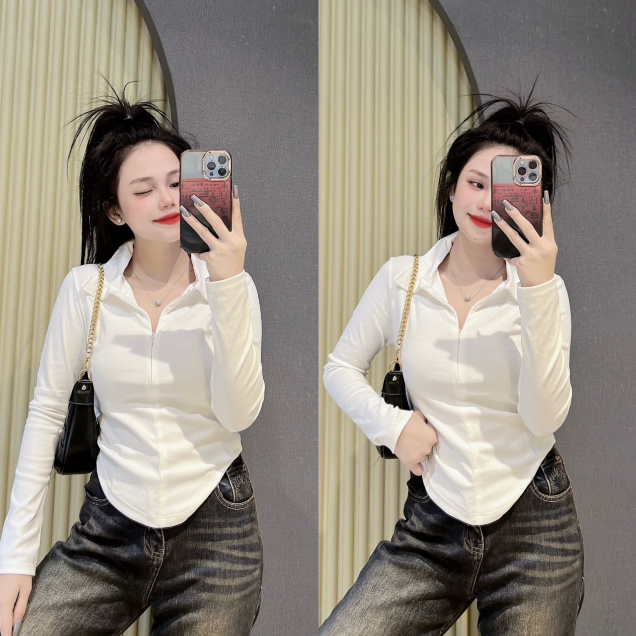 Áo thun ôm body nữ Tay Dài cổ bẻ phối khoá kéo