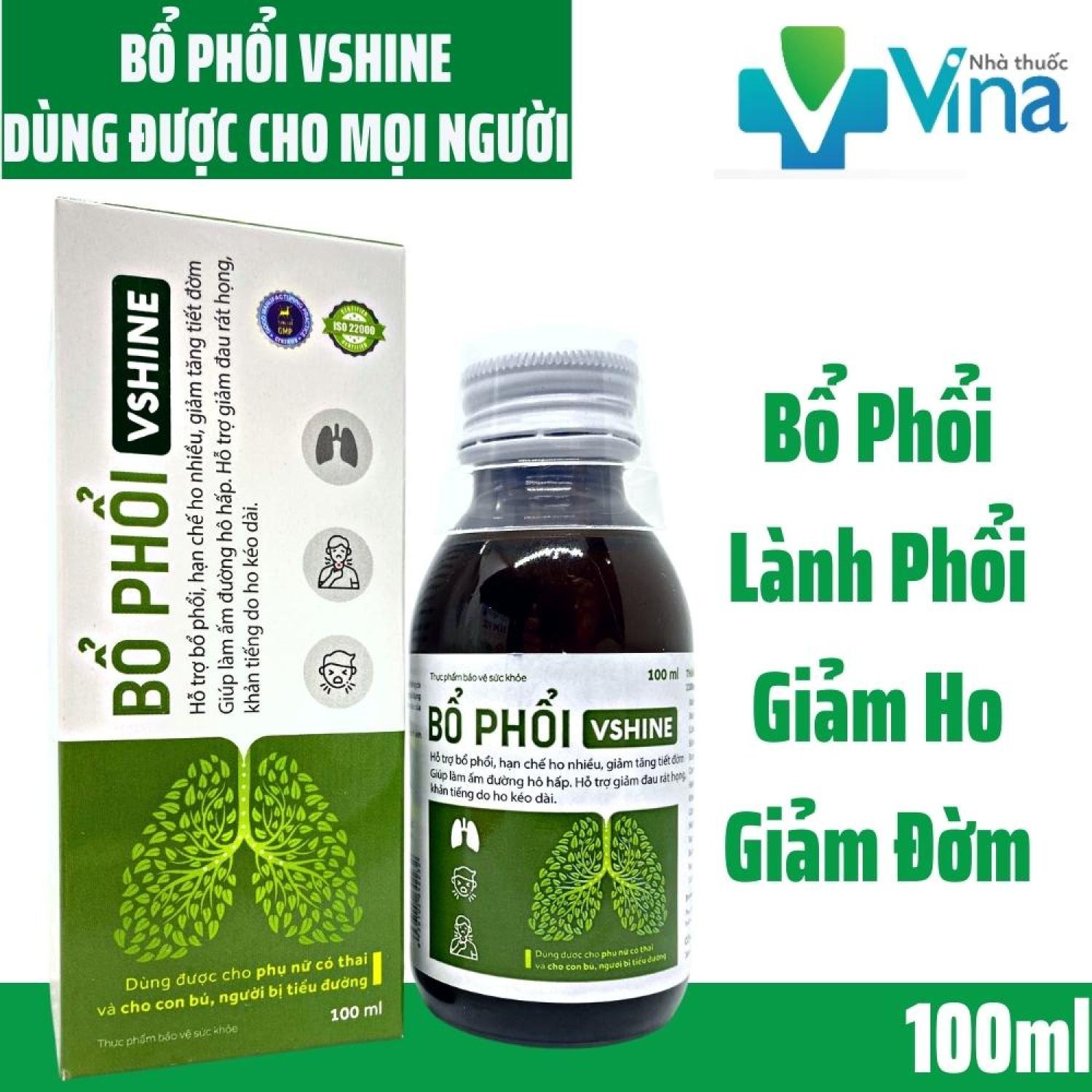 Bổ phổi Vshine - Bổ phổi,Lành Phổi- Hỗ trợ giảm ho, giảm đau rát cổ họng, khản tiếng kéo dài- Chai 100ml