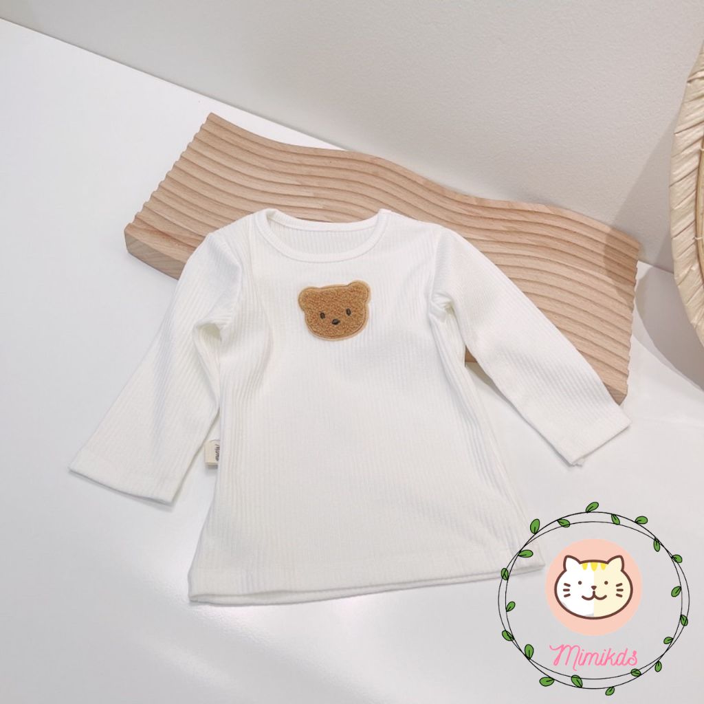 Áo dài tay đính gấu chất cotton cho bé trai , bé gái 2 màu trắng và nâu cho bé Mimikids QA32