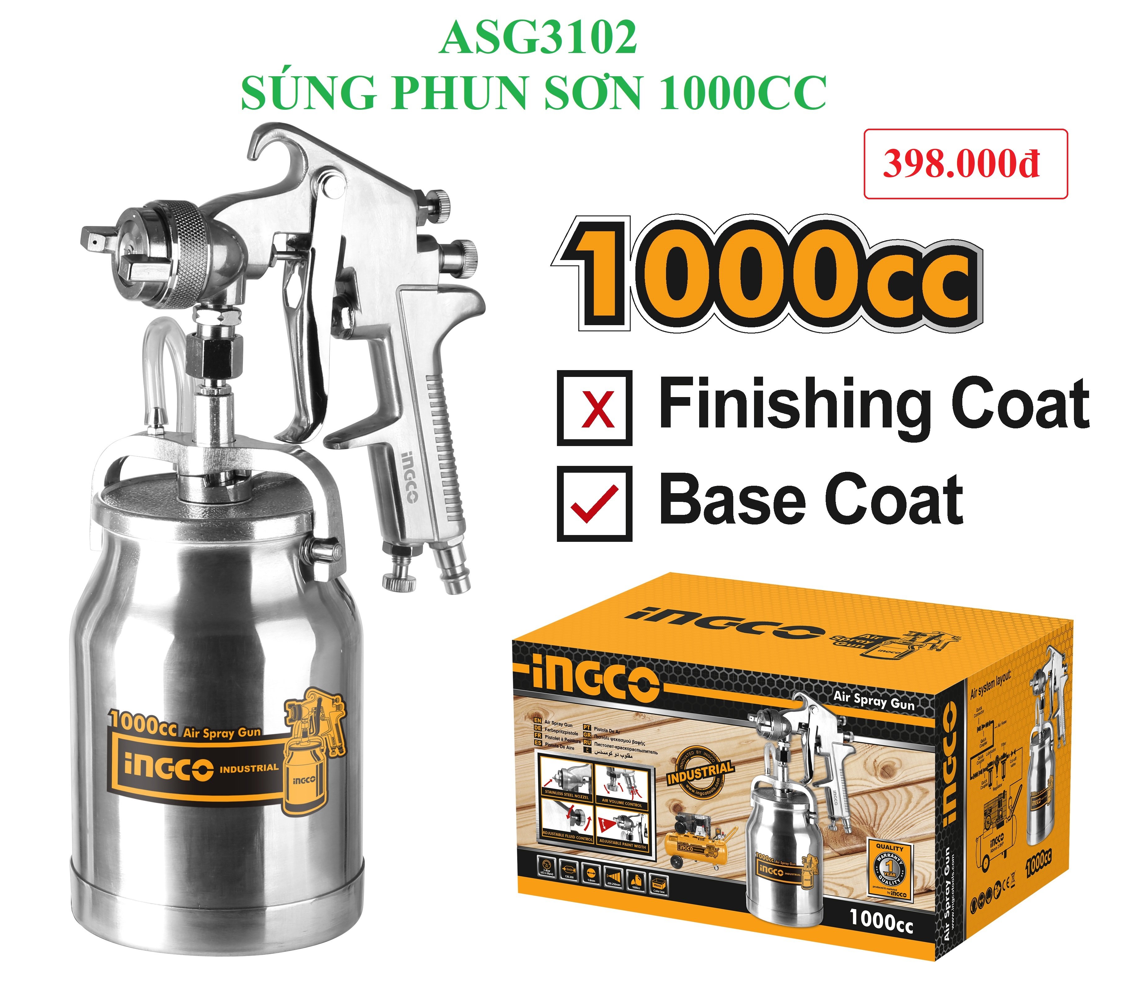 Súng phun sơn 1000cc ingco asg3102