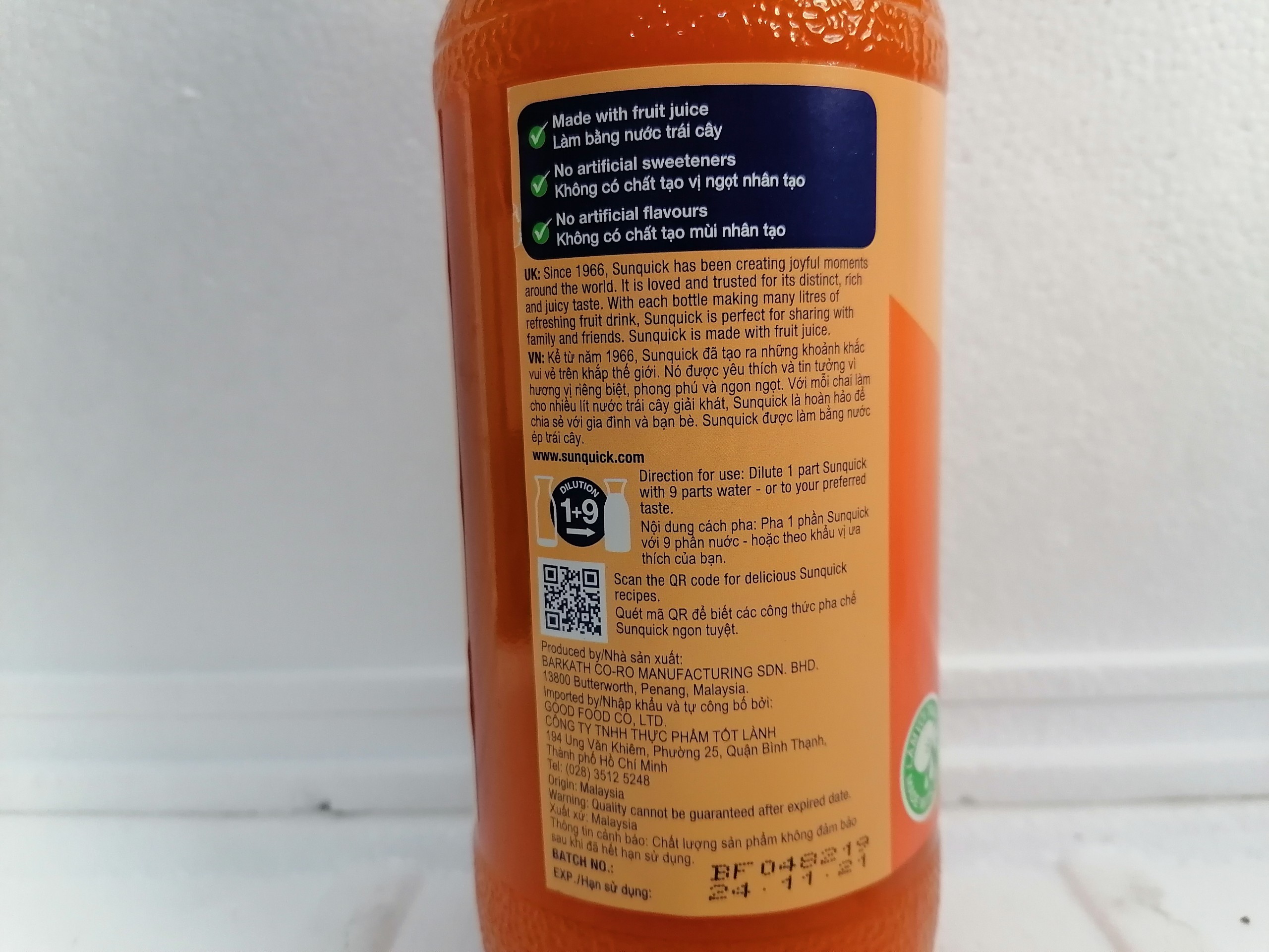 [Chai 800ml – QUÝT] NƯỚC ÉP TRÁI CÂY CÔ ĐẶC [Malaysia] SUNQUICK Mandarin Fruity and Refreshing (halal)