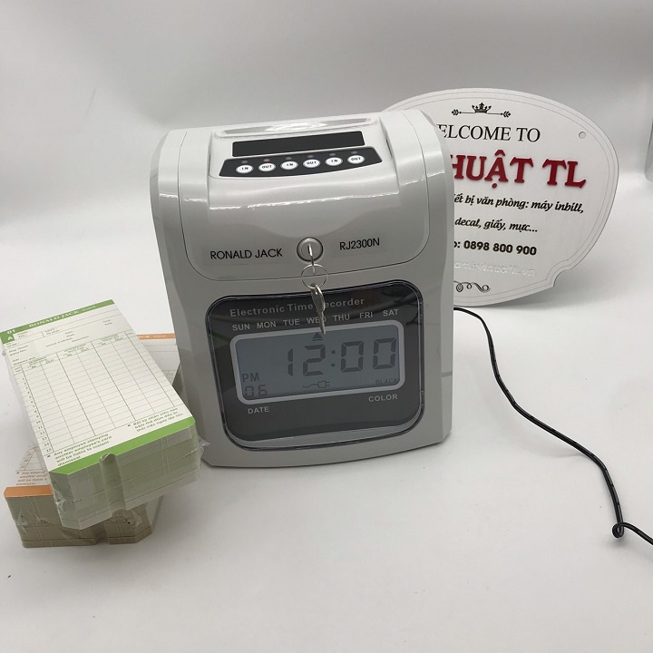 RJ-2300A/N Máy châm công thẻ giấy, đồng hồ kim, màu trắng xám, in 6 cột, tặng 200 thẻ, tích hợp loa, phù hợp 100-350 nhân viên