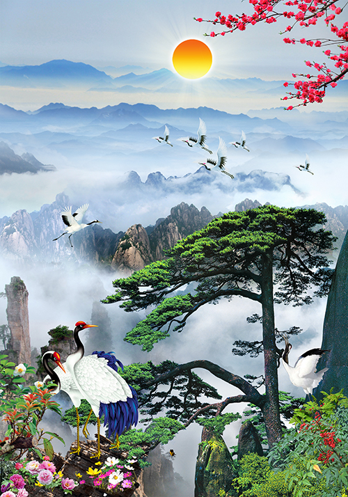 Tranh dán tường khổ dọc VTC Tùng hạc diên niên UD0405 Kim sa