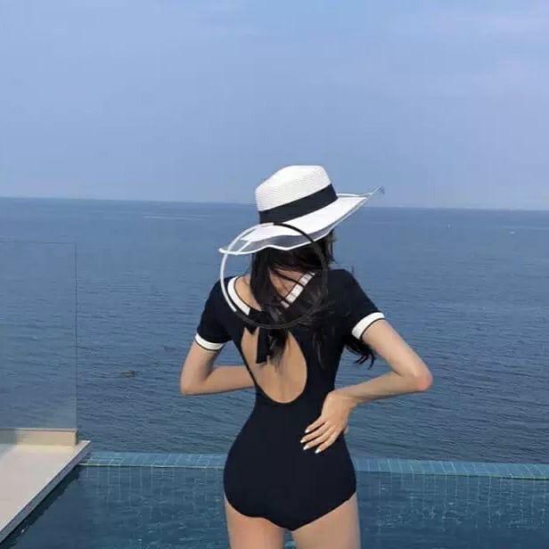 [Kèm ảnh thật] Bikini đen 1 mảnh thun gân viền trắng