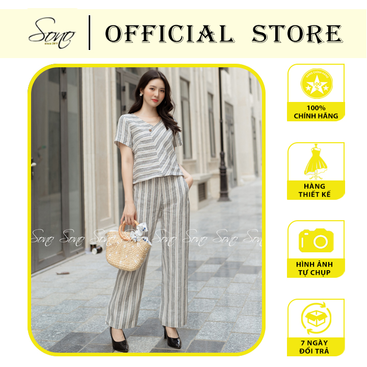Sono - Bộ Sọc Dài Linen Cổ Tim Có Tay