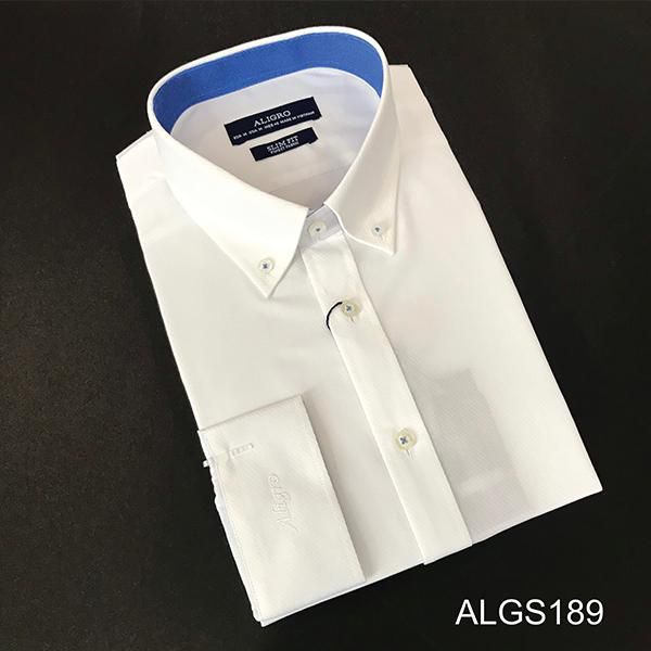 Áo sơ mi nam dài tay aligro 100% chất cotton cổ bẻ dáng ôm body, màu trắng phối cổ algs189
