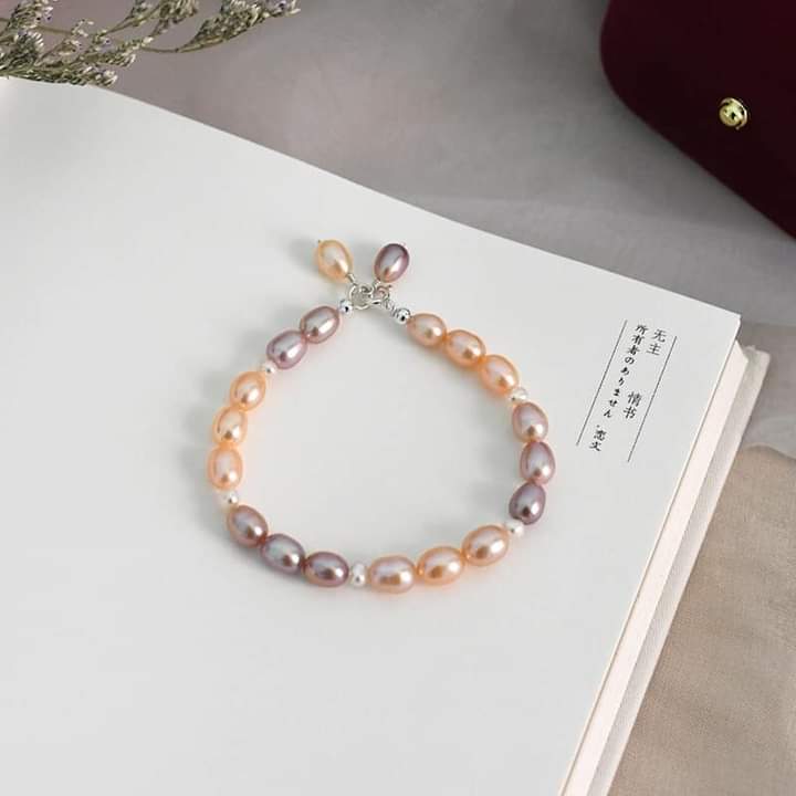 Vòng tay ngọc trai gạo dài khóa bạc, lắc tay ngọc trai thật nước ngọt dễ thương - trường thịnh ngọc trai