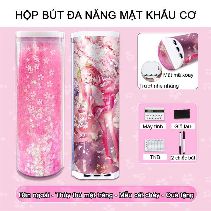 Hộp bút thông minh đa năng kim tuyến có mật khẩu cơ Tặng 2 bút + Giẻ lau+ máy tính + gương soi