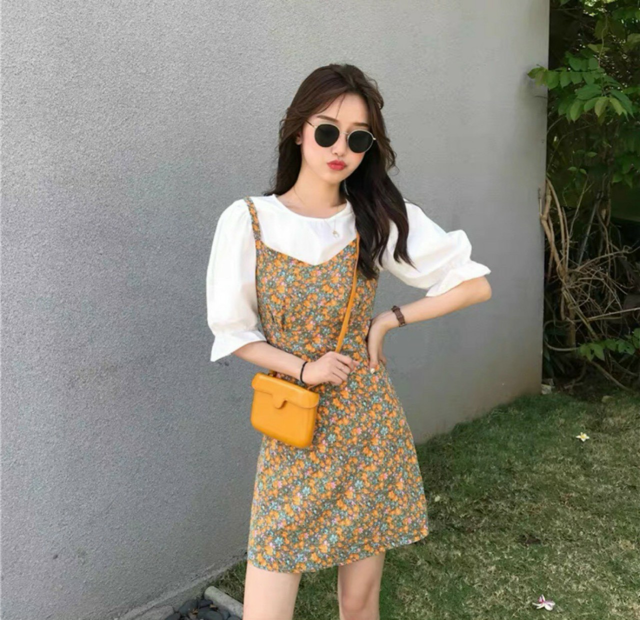 [HCM]Sét yếm váy hoa nhí áo tay lỡ #setyemvay