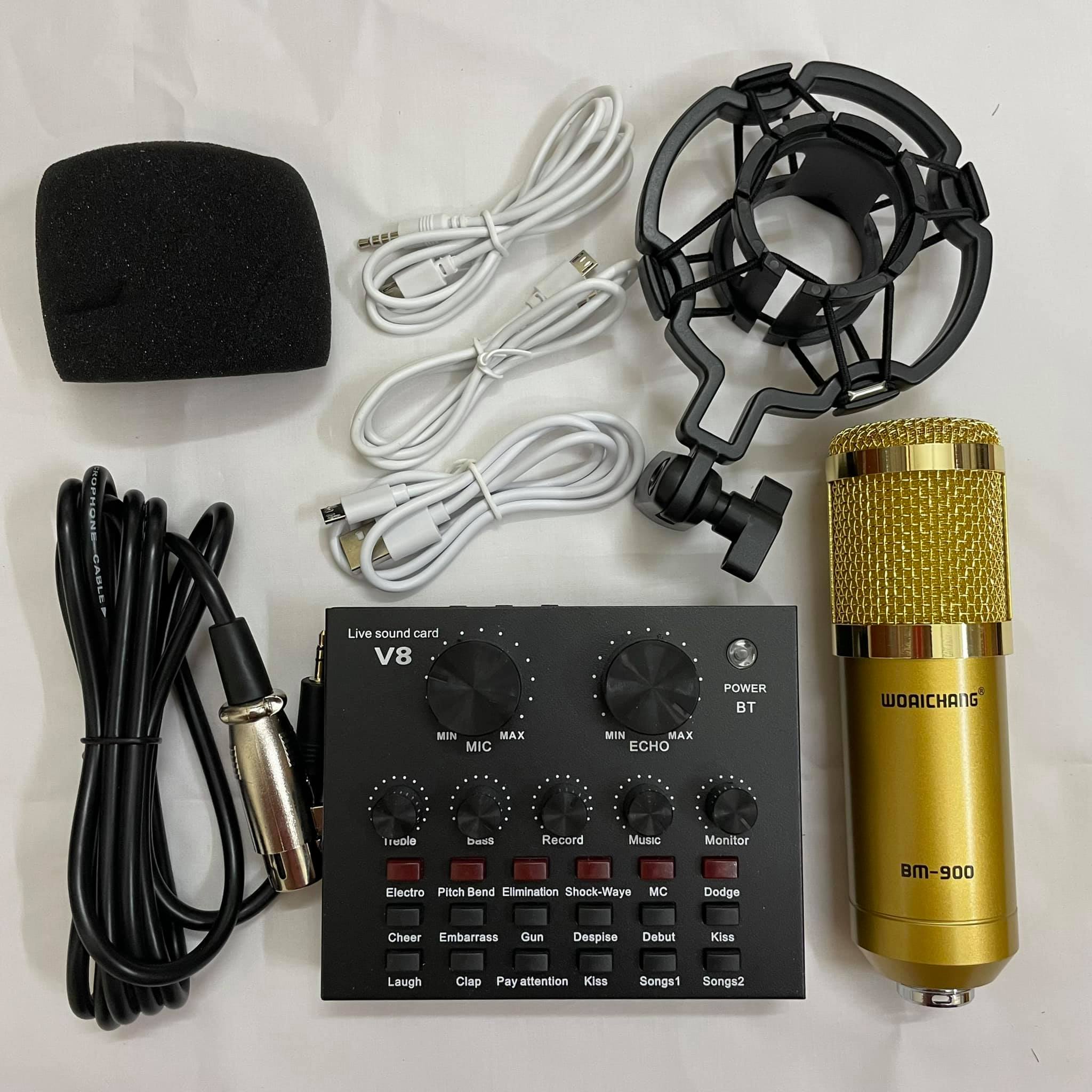 Trọn Bộ Hát Thu Âm Sound-Card V8 + Micro BM900 Live Stream Oneline Tại Nhà - Bộ hát karaoke livestream giá rẻ - Combo Mic Livestream Hát Karaoke Chỉnh Giọng Chuyên Nghiệp