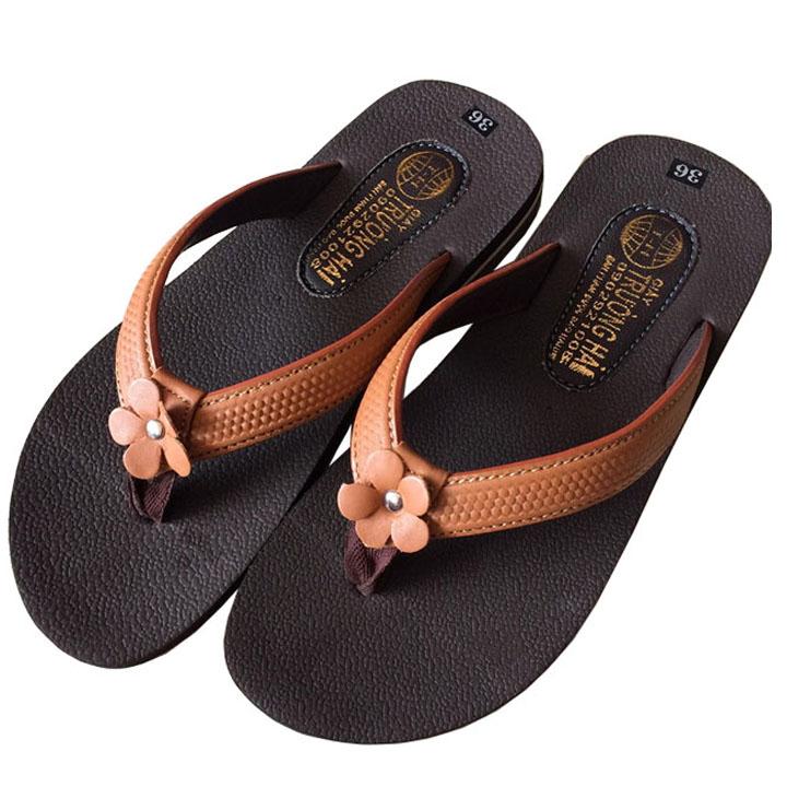 Dép nữ xỏ ngón Trường hải đính bông vàng da bò cao cấp XNN06