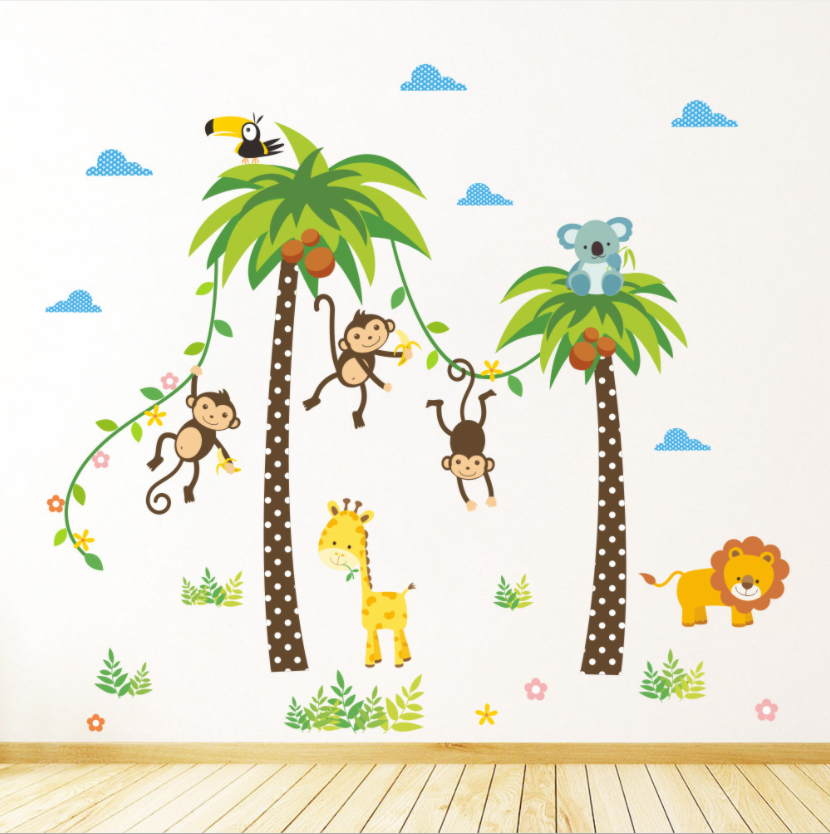 [HCM]Decal trang trí tường - 2 Cây Dừa và đàn thú tinh nghịch