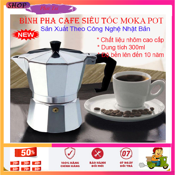 Ấm pha cà phê (cafe) siêu tốc công nghệ Nhật Bản-Bình pha cà phê Moka Pot 6 tách 300ml bằng Nhôm cao cấp, ấm pha cà phê mini thông minh, dụng cụ pha cafe chuyên dụng tiện lợi hơn Phin pha cà phê trung nguyên cho gia đình, văn phòng