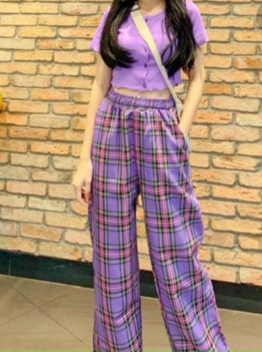 Sét bộ quàn dài caro sọc phối áo croptop gân  đáng yêu TTSLA0382