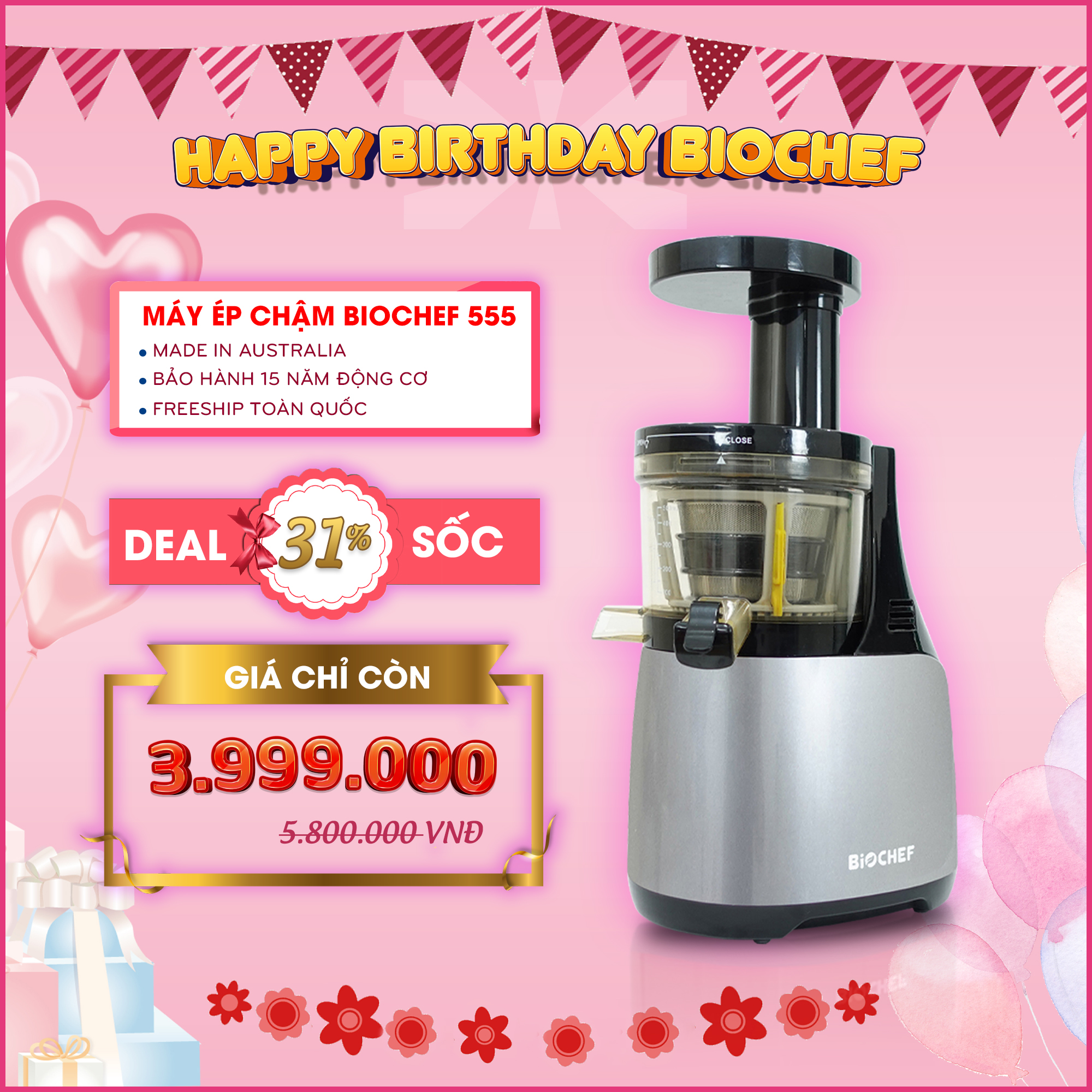 Máy ép trái cây Biochef 555 màu xám (Nhập khẩu nguyên chiếc, sản xuất tại Australia)