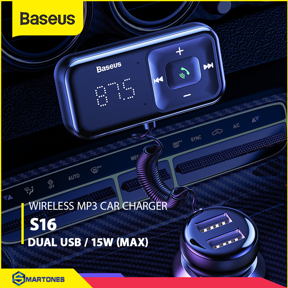 Tẩu sạc ô tô Baseus S16 Bluetooth V5.0 tích hợp FM MP3, đọc thẻ nhớ TF công suất sạc 15W ( Max ) cho iPhone Samsung..