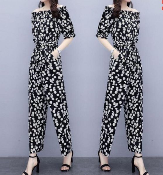 jumsuit dài hoa cúc trễ vai