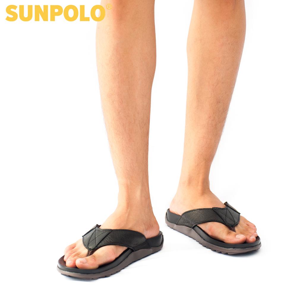 Dép kẹp nam da bò SUNPOLO đế cao su may khâu bền bỉ KEP013