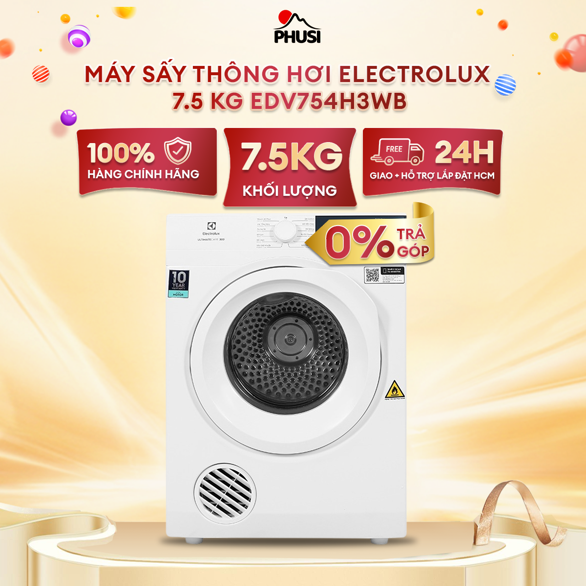 Máy sấy thông hơi electrolux 7.5 kg edv754h3wb - hàng chính hãng
