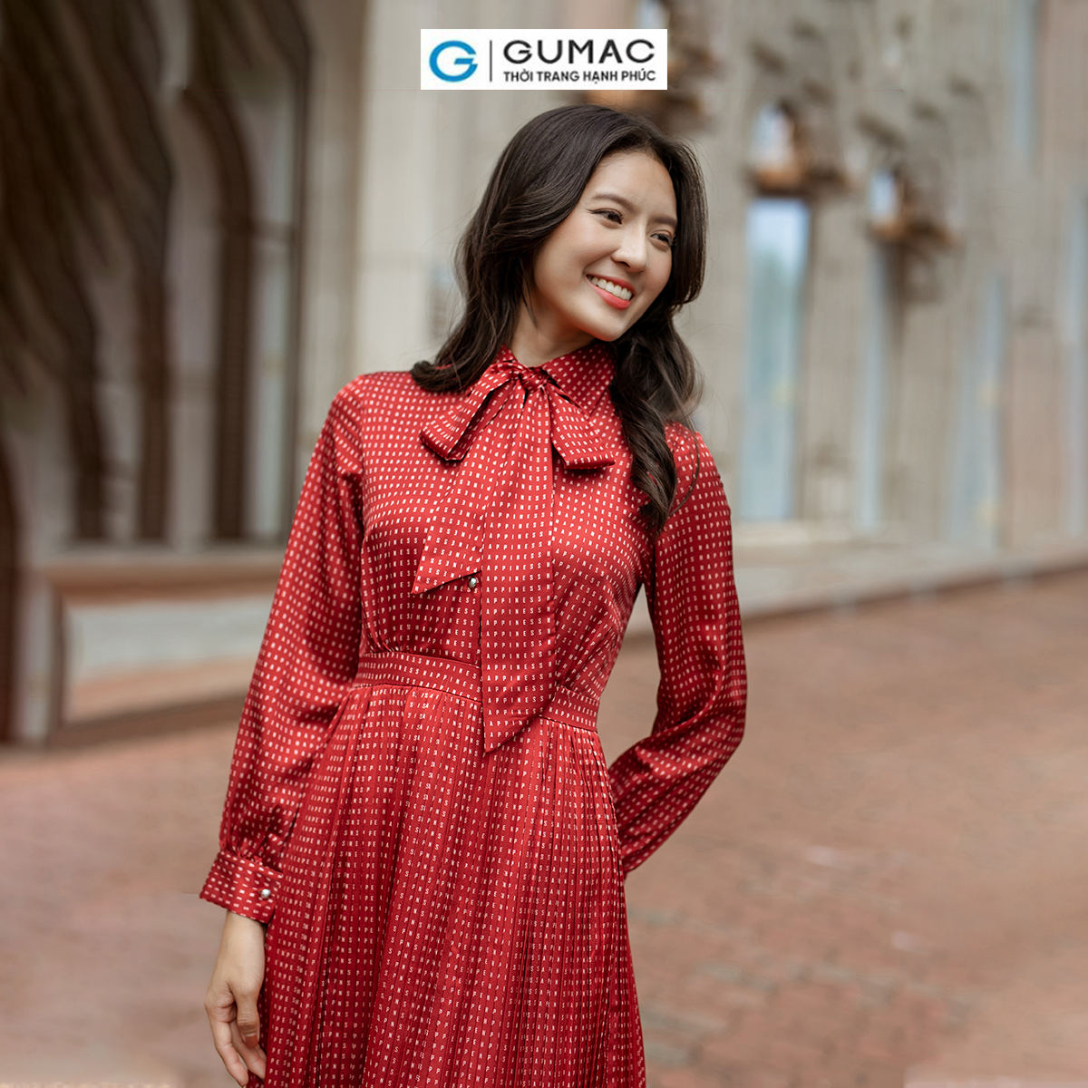 Đầm nữ dập ly buộc nơ thời trang GUMAC DD06042