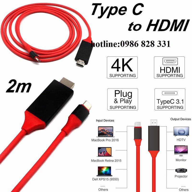 Dây Cáp HDMI Từ Điện Thoại Cổng Type-C Lên TIVI
