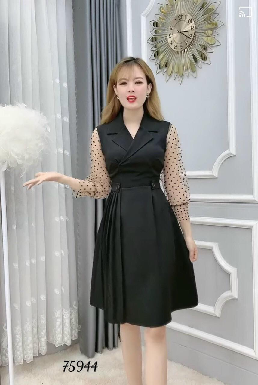 [HCM]ĐẦM CÔNG SỞ CỔ VEST PHỐI TAY CHẤM BI DỄ THƯƠNG-D11
