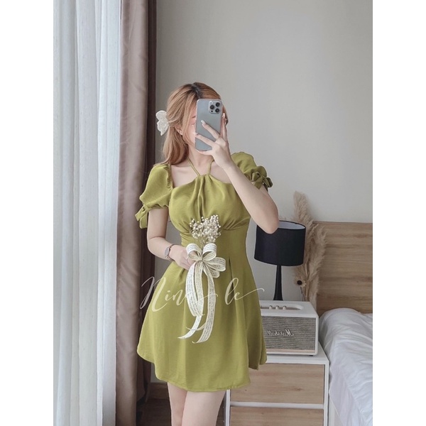 Váy tơ lụa cổ yếm nơ tay 2 màu siêu xinh
