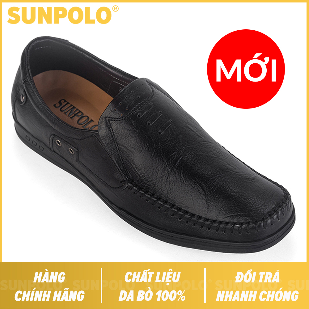 Giày mọi nam da bò SUNPOLO LS2098D (Đen)
