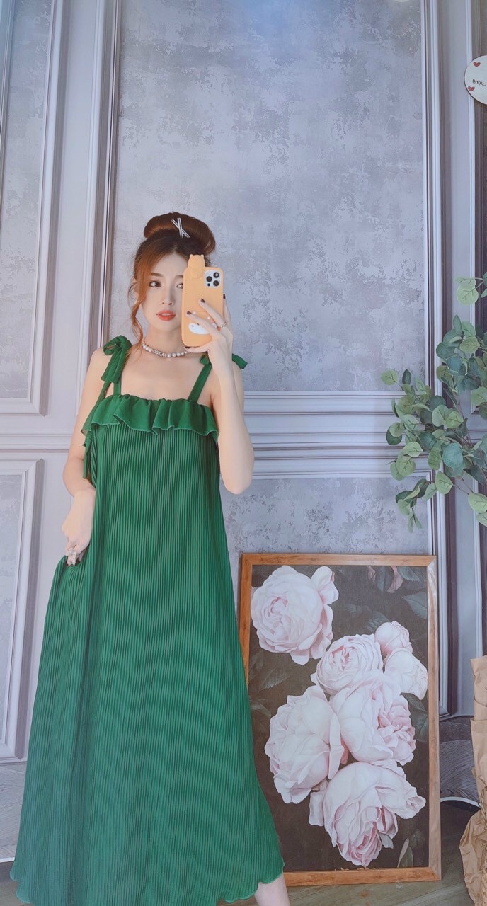 Đầm maxi hai dây cột nơ vai+  ảnh thật mẫu mặc