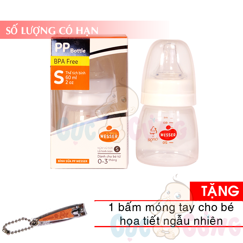Bình sữa Wesser Nano Silver cổ thường (60ml/140ml/250ml) Tặng 1 cắt móng tay họa tiết ngẫu nhiên - binh sua co thuong wesser