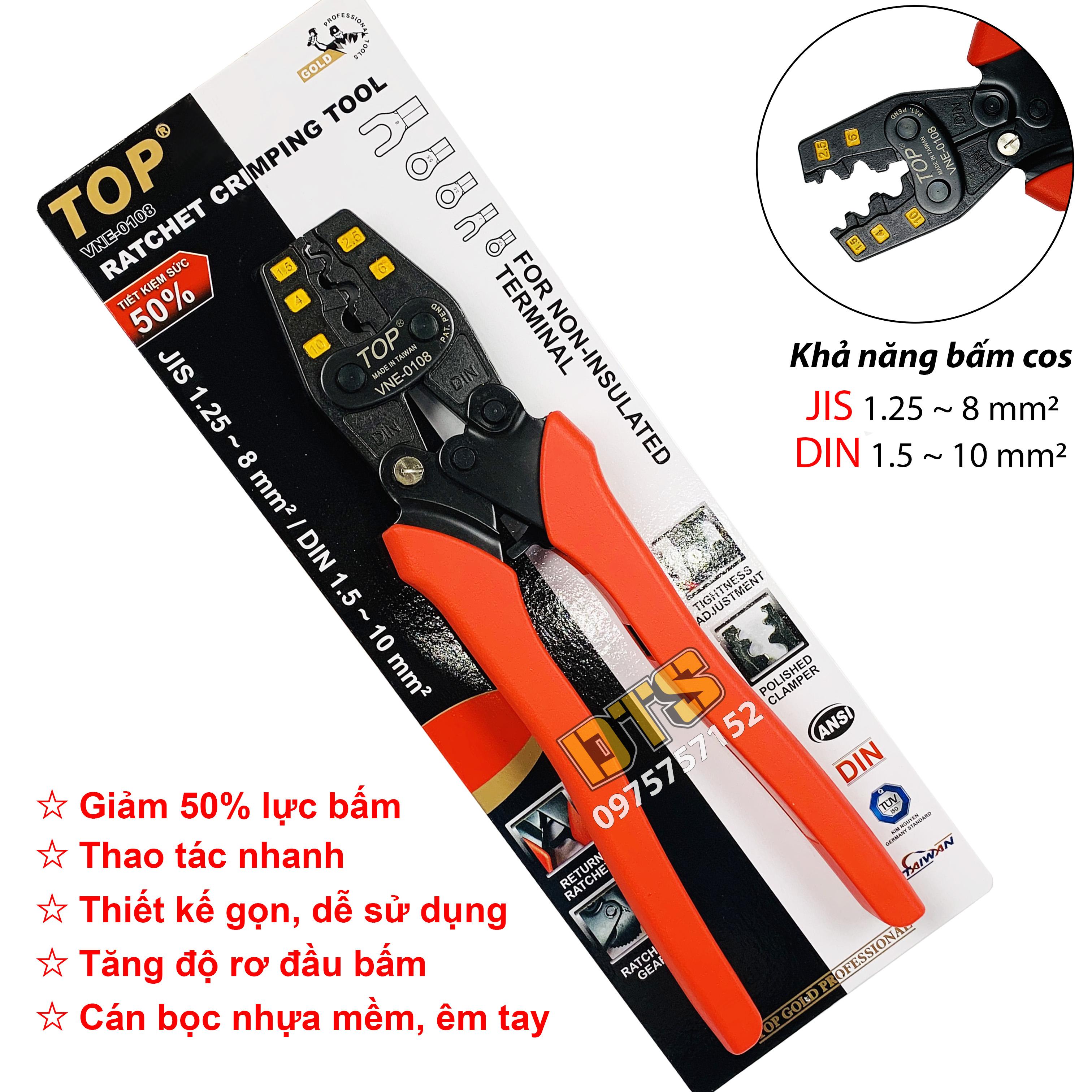 Kìm bấm cos trợ lực số 8 1.5 -  10 mm2 TOP GOLD, tiết kiệm lực, độ chính xác cao, có nút điều độ rơ  (Kềm bấm cốt 8L)