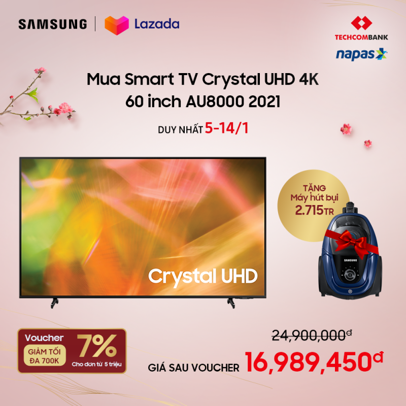 [Voucher 7% tối đa 700k] [TRẢ GÓP 0%] Smart TV Samsung Crystal UHD 4K 60 inch AU8000 2021  | Giao quà sau Tết chính hãng