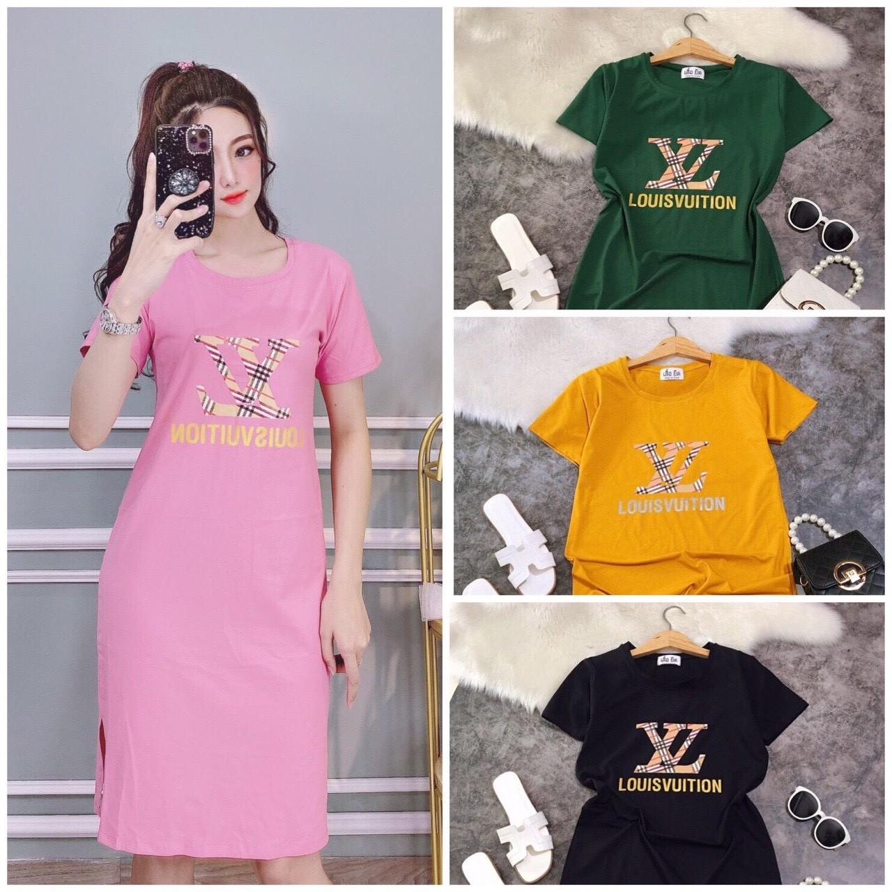Đầm thun nữ dang dài in chữ LV