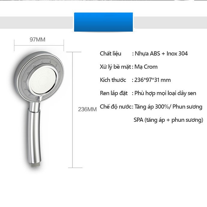 Đầu vòi sen tăng áp 3 chế độ mạ Crom cao cấp